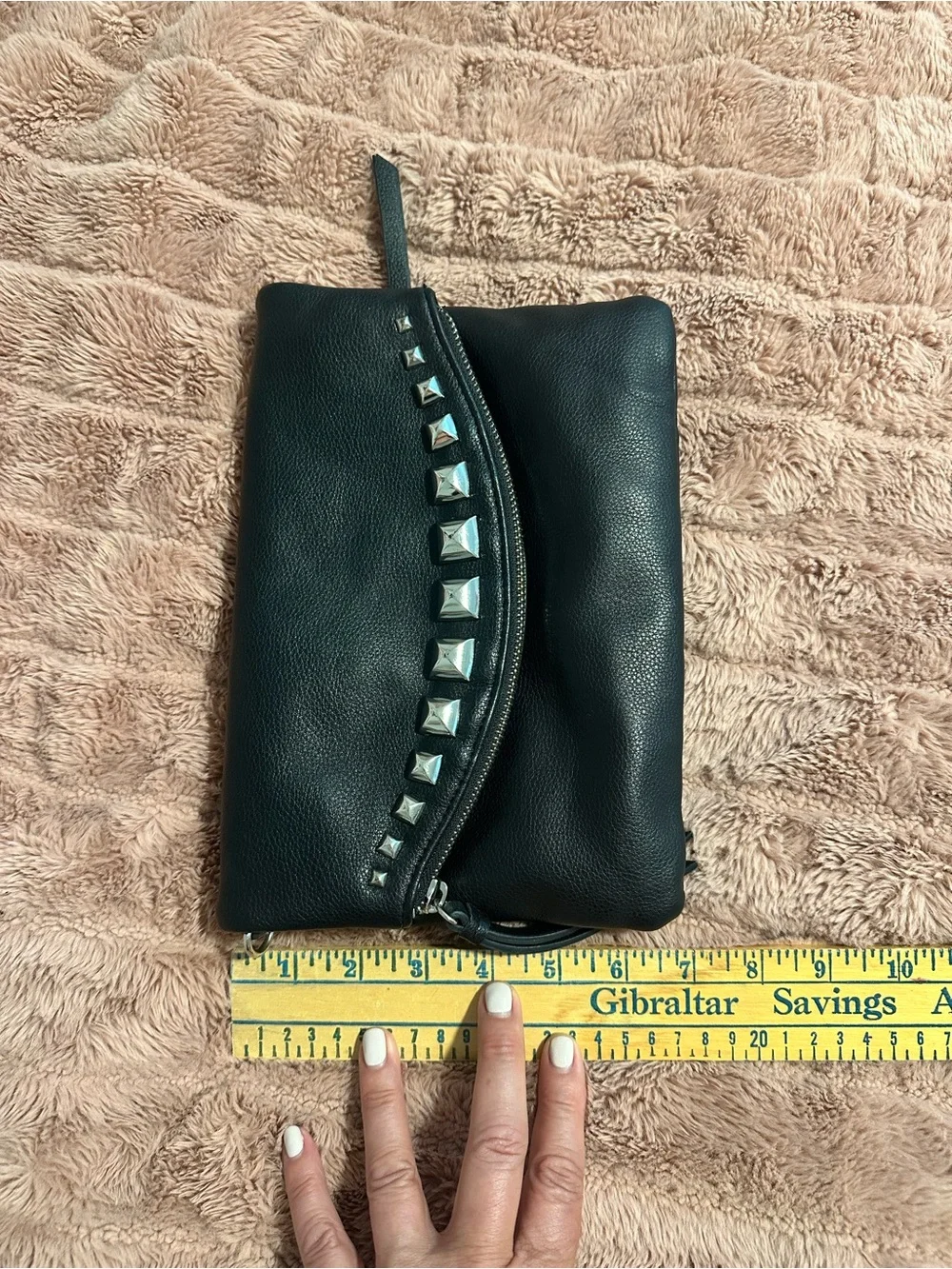 Enzo Angiolini Black Faux Leather Studded Fold-Over Clutch